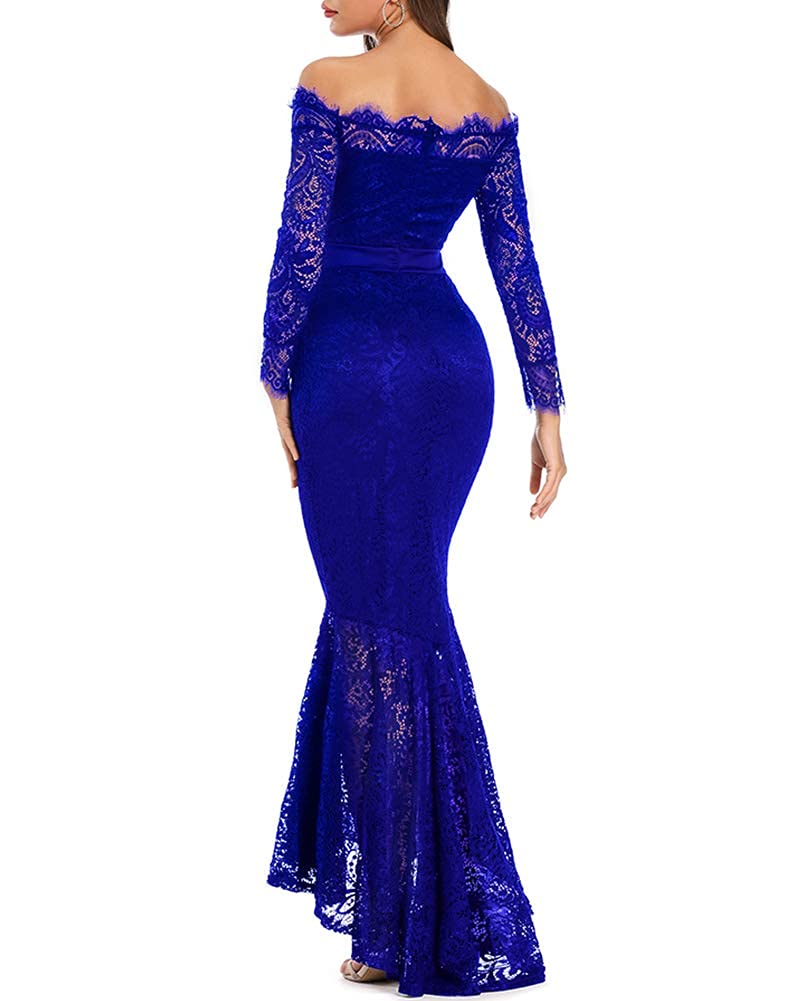 LALAGEN Women's Floral Lace Long Sleeve Off Shoulder Wedding Mermaid Dress Blue XL - Image 2
